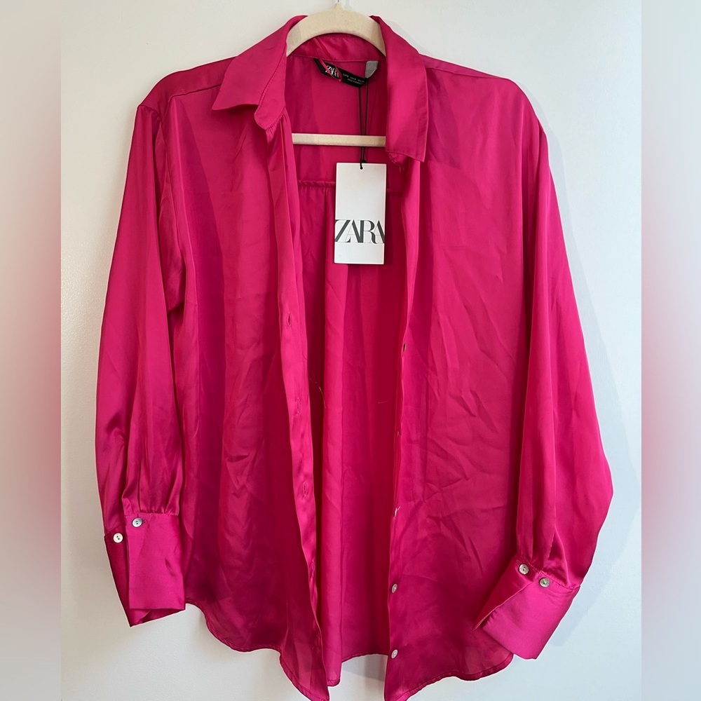 ZARA satin shirt in bright pink (brand new with tags)
